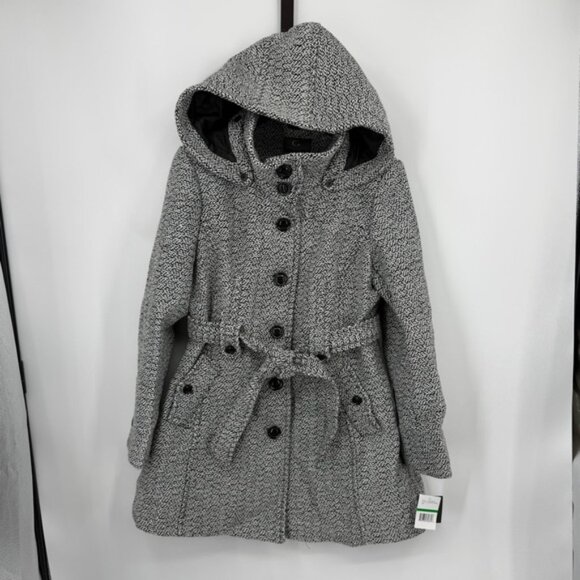 NWT Gallery tweed Hooded Wool-Blend Walker Coat black white print sz L - Picture 2 of 10